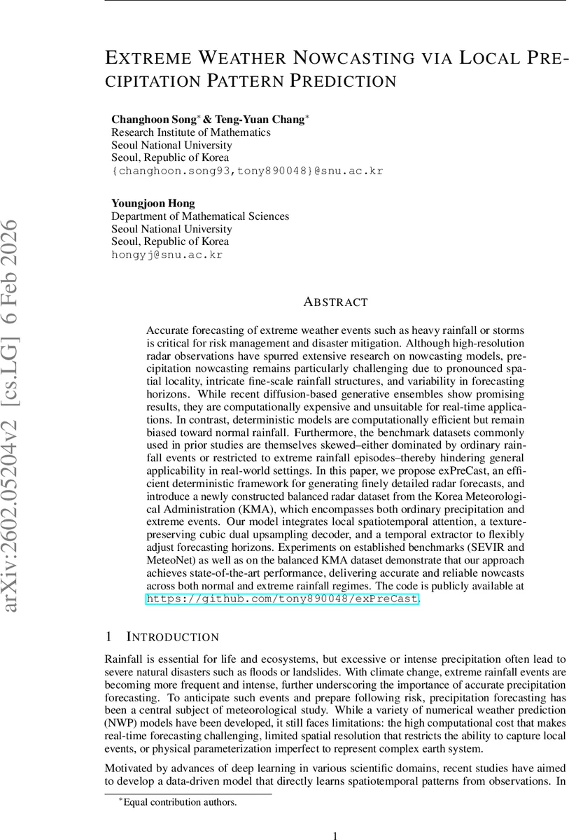 Extreme Weather Nowcasting via Local Precipitation Pattern Prediction