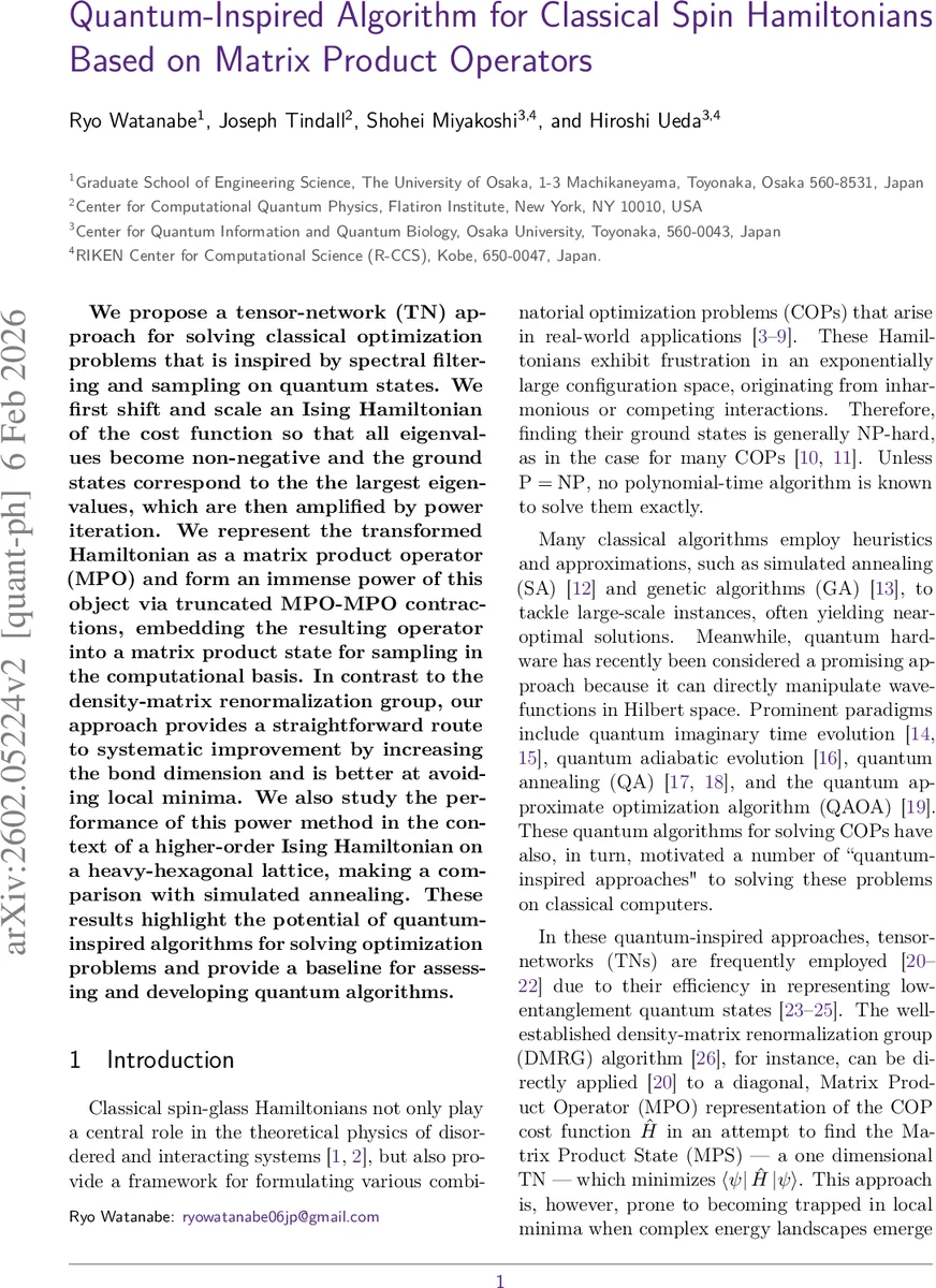 Quantum-Inspired Algorithm for Classical Spin Hamiltonians Based on Matrix Product Operators