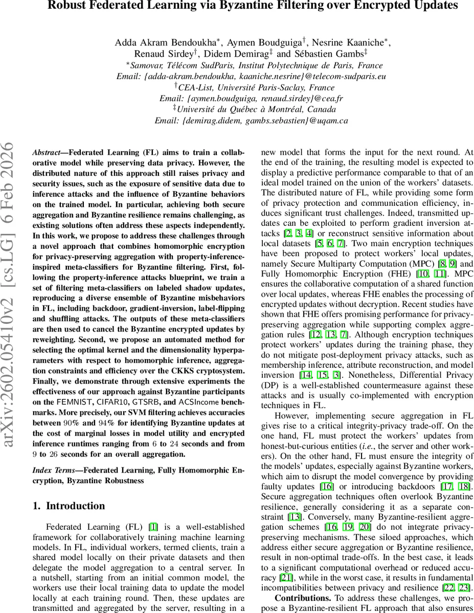 Robust Federated Learning via Byzantine Filtering over Encrypted Updates