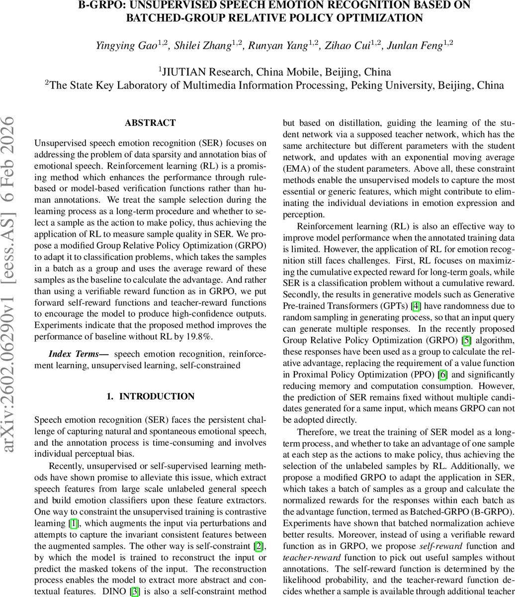 B-GRPO: Unsupervised Speech Emotion Recognition based on Batched-Group Relative Policy Optimization