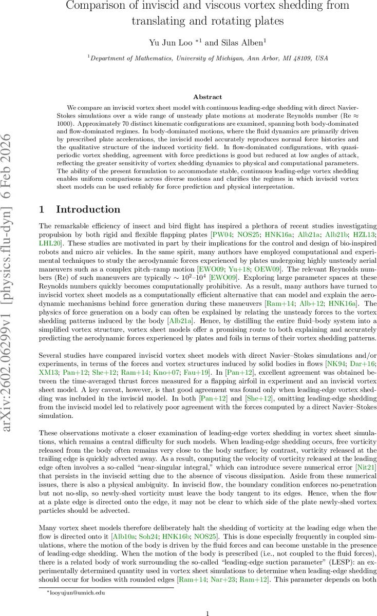 Comparison of inviscid and viscous vortex shedding from translating and rotating plates