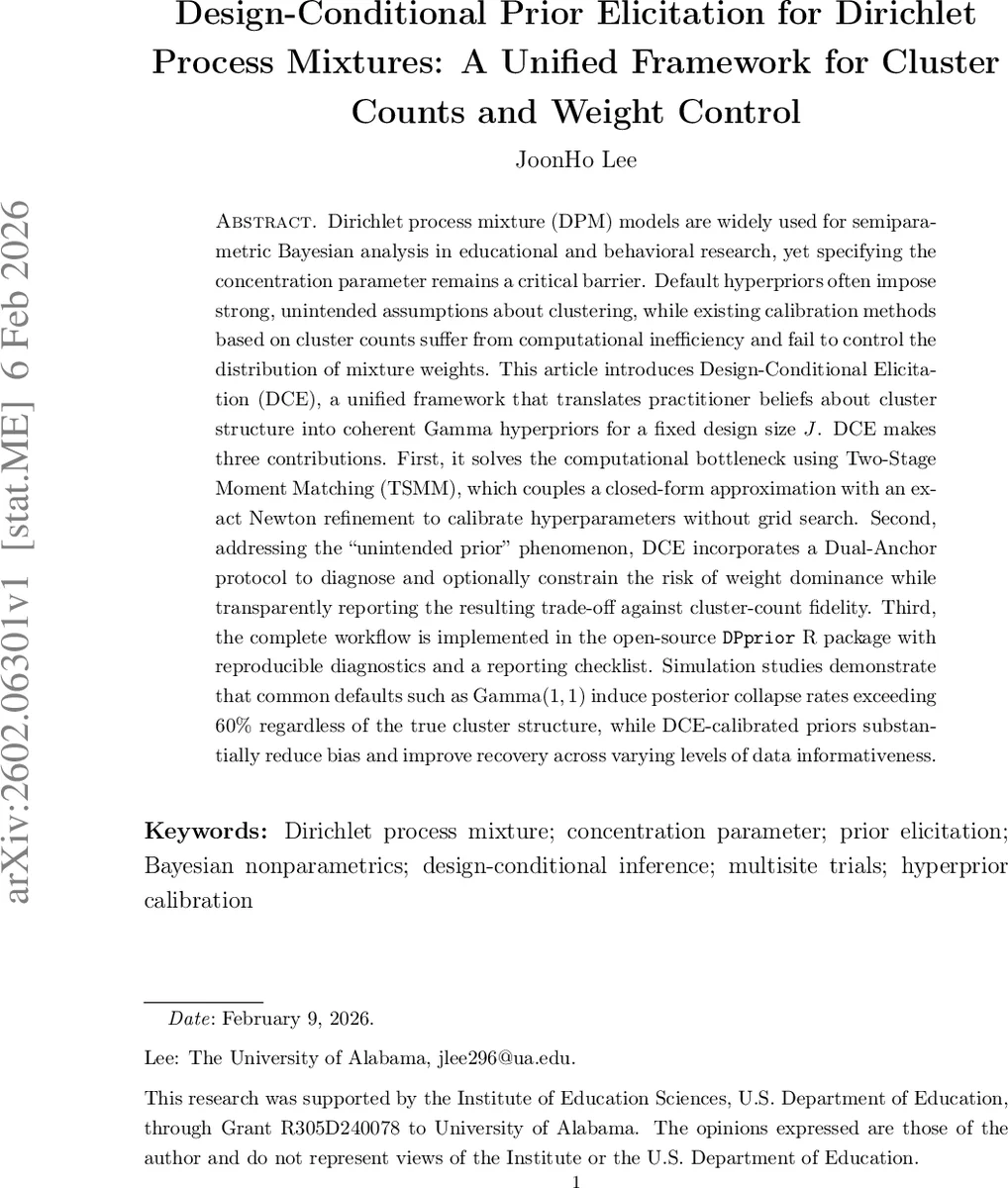 Design-Conditional Prior Elicitation for Dirichlet Process Mixtures: A Unified Framework for Cluster Counts and Weight Control