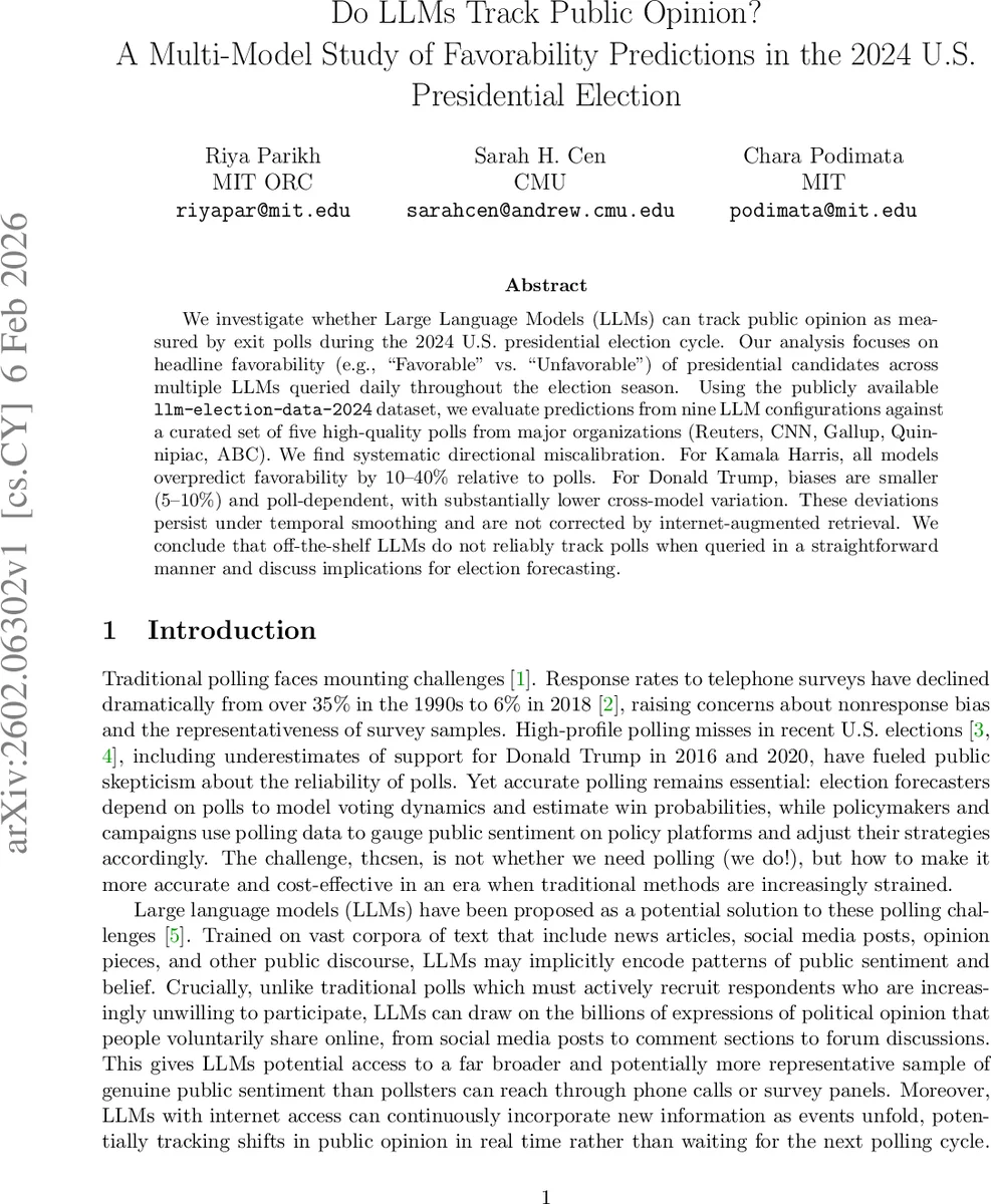 Do LLMs Track Public Opinion? A Multi-Model Study of Favorability Predictions in the 2024 U.S. Presidential Election