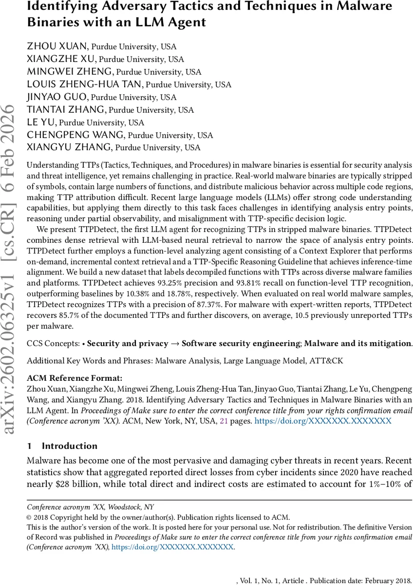 Identifying Adversary Tactics and Techniques in Malware Binaries with an LLM Agent