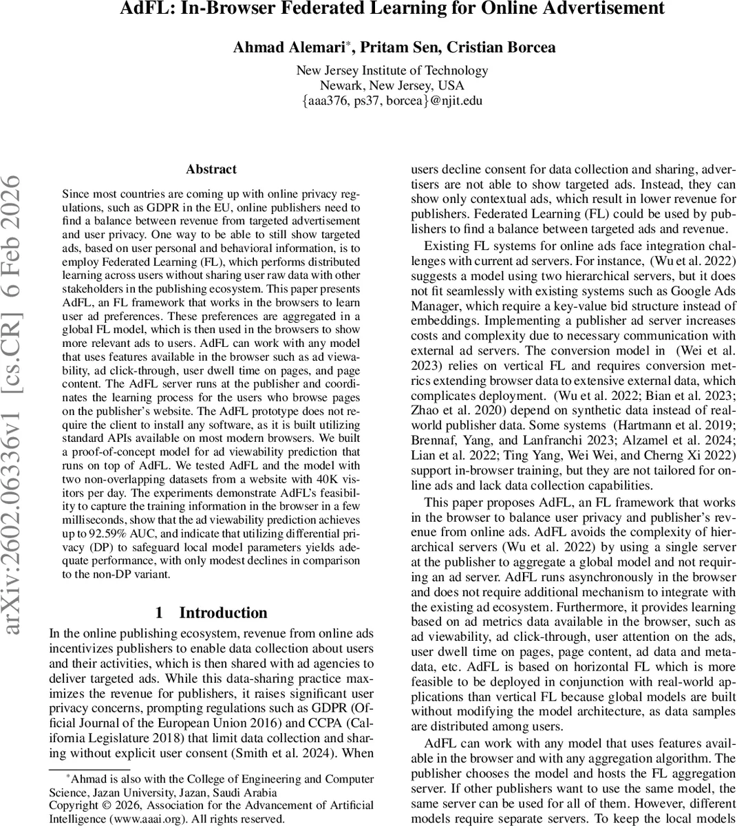 AdFL: In-Browser Federated Learning for Online Advertisement