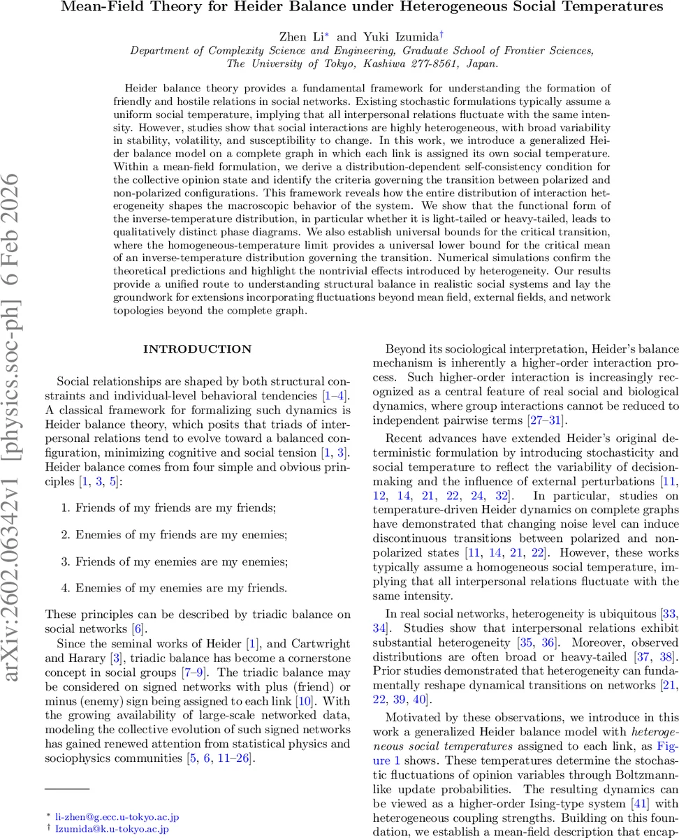 Mean-Field Theory for Heider Balance under Heterogeneous Social Temperatures
