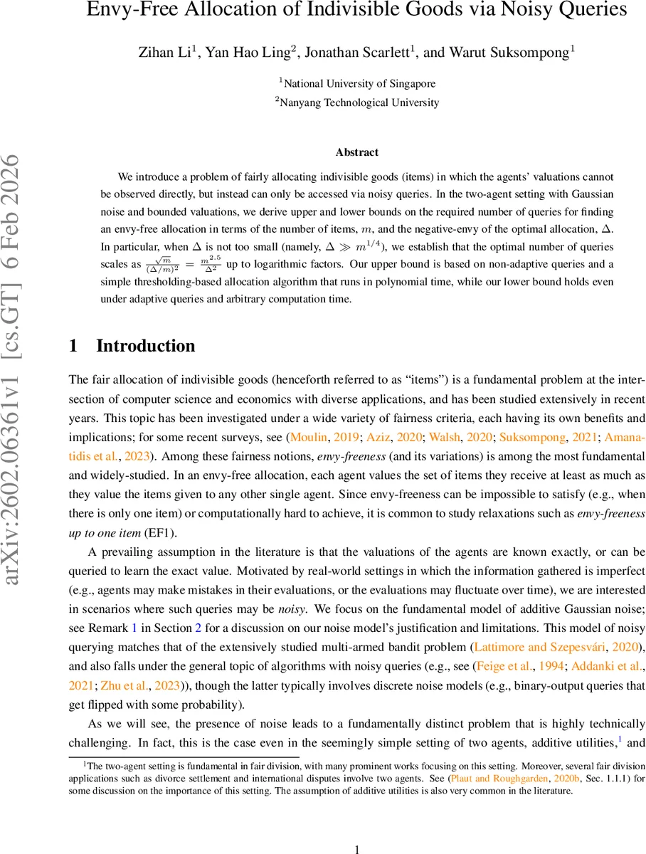 Envy-Free Allocation of Indivisible Goods via Noisy Queries