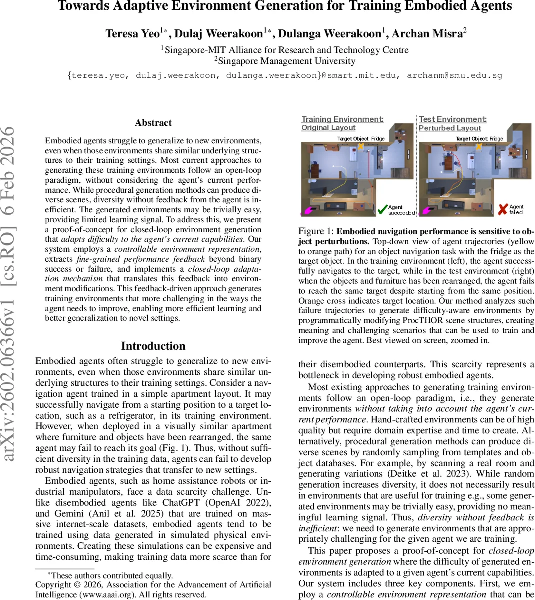 Towards Adaptive Environment Generation for Training Embodied Agents