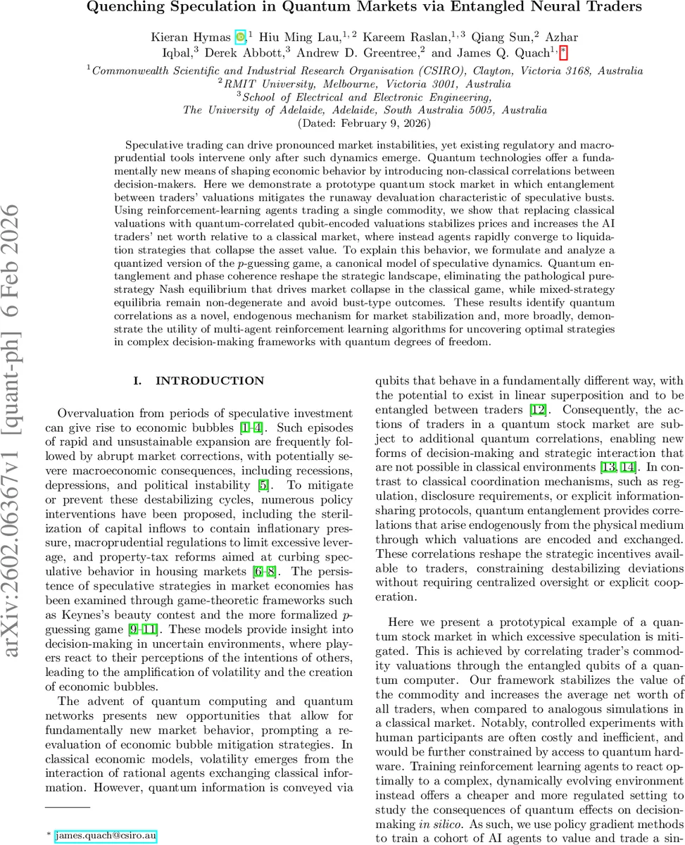 Quenching Speculation in Quantum Markets via Entangled Neural Traders