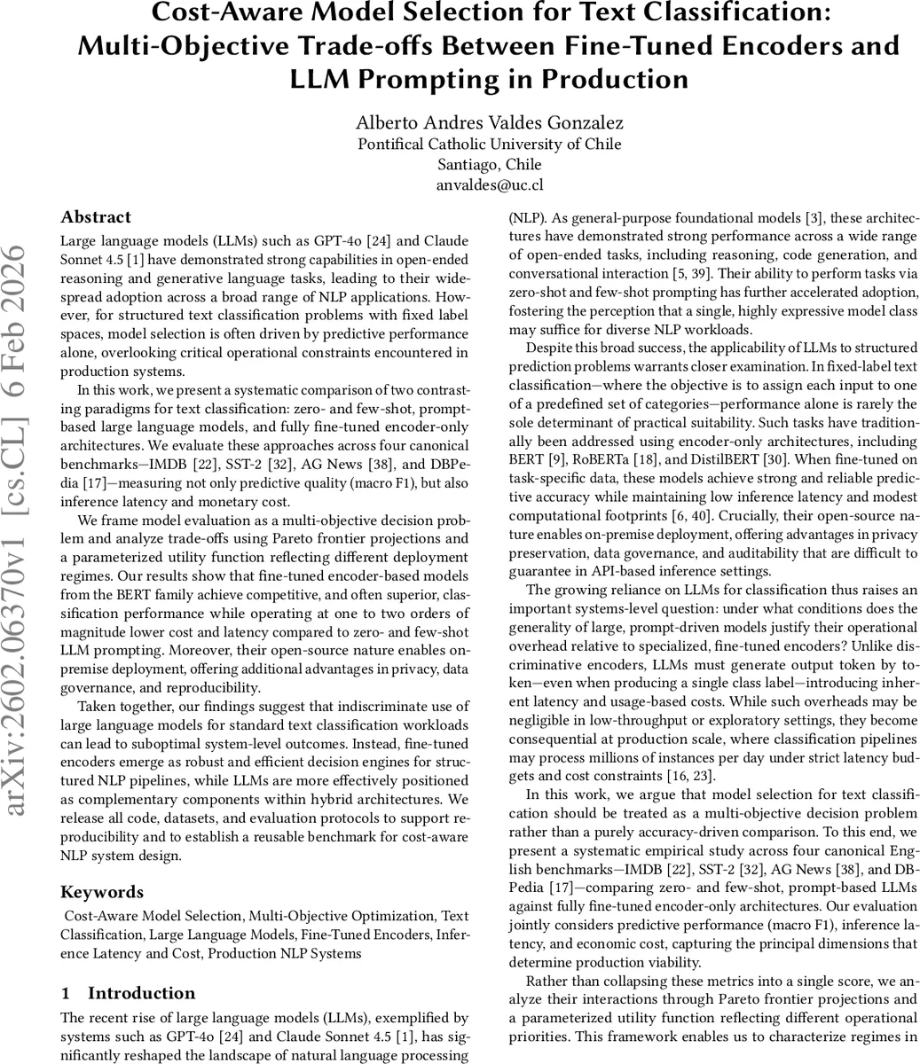 Cost-Aware Model Selection for Text Classification: Multi-Objective Trade-offs Between Fine-Tuned Encoders and LLM Prompting in Production