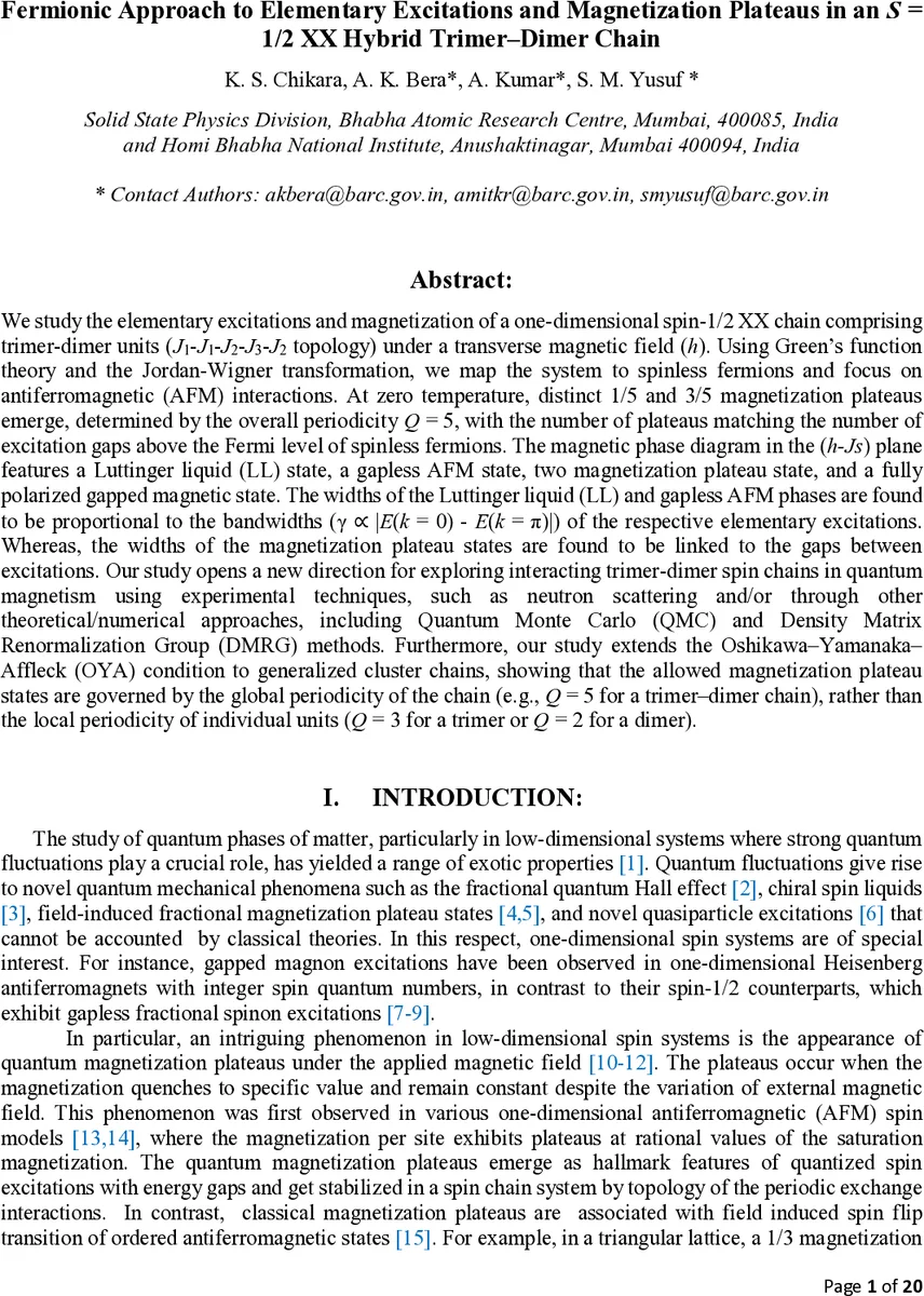 Fermionic Approach to Elementary Excitations and Magnetization Plateaus in an S=1/2 XX Hybrid Trimer-Dimer Chain