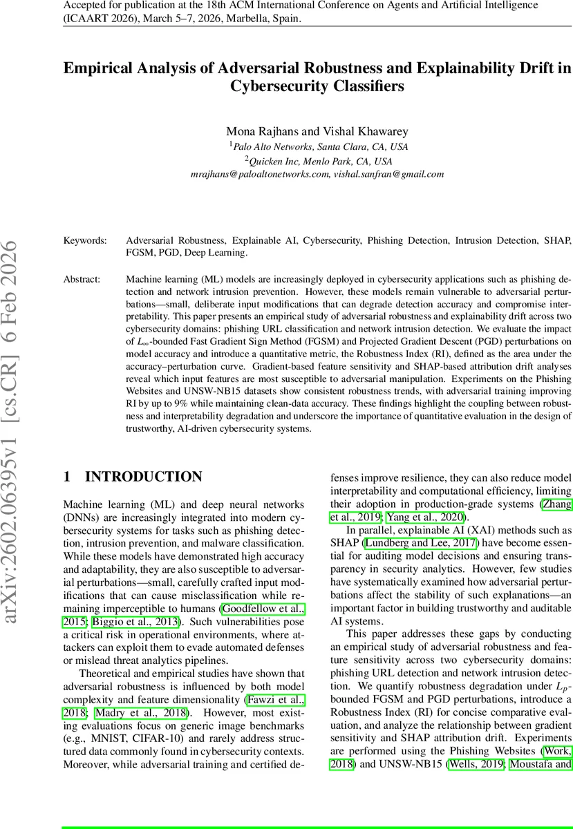 Empirical Analysis of Adversarial Robustness and Explainability Drift in Cybersecurity Classifiers