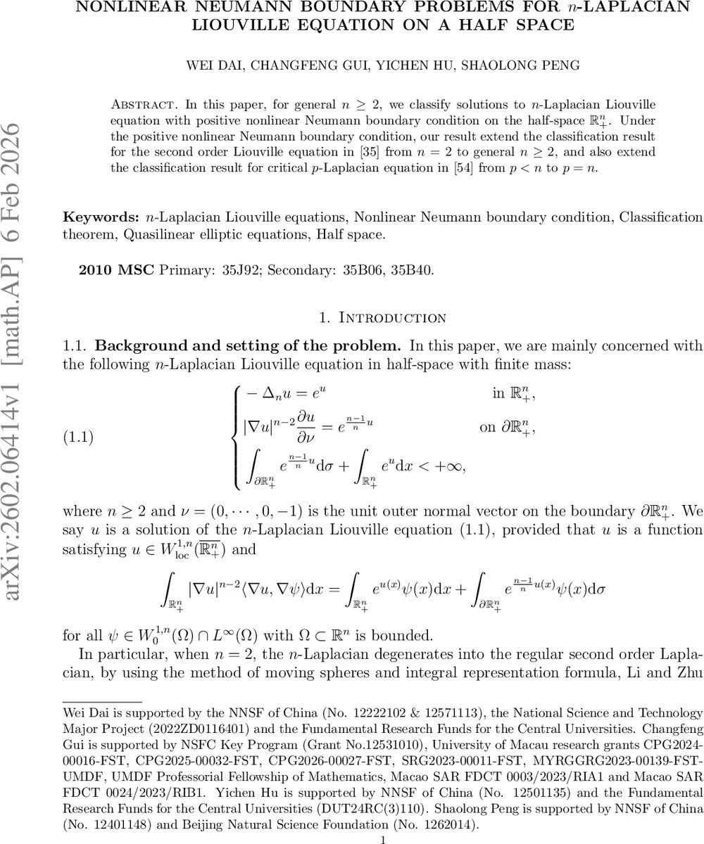 Nonlinear Neumann boundary problems for $n$-Laplacian Liouville equation on a half space