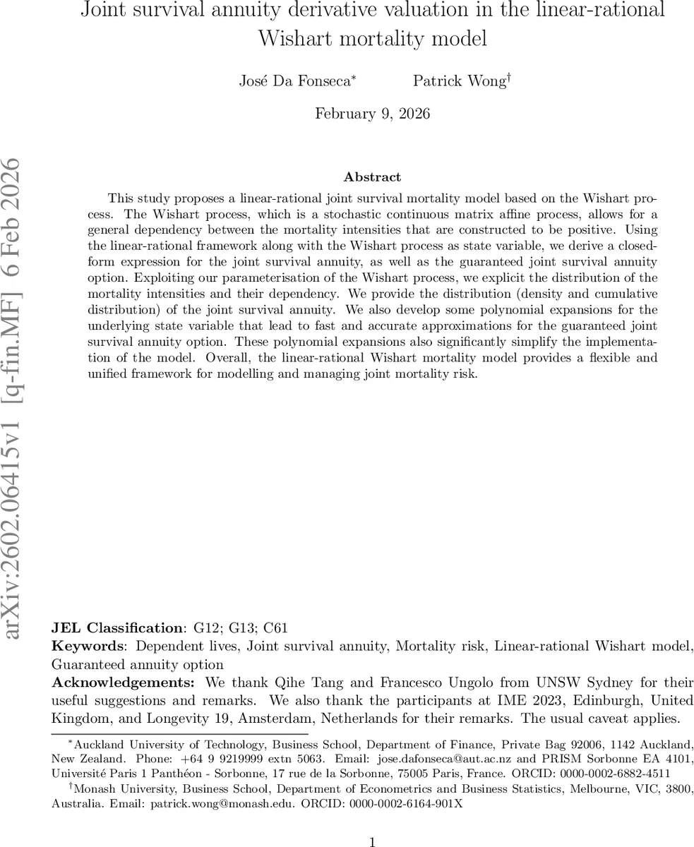 Joint survival annuity derivative valuation in the linear-rational Wishart mortality model
