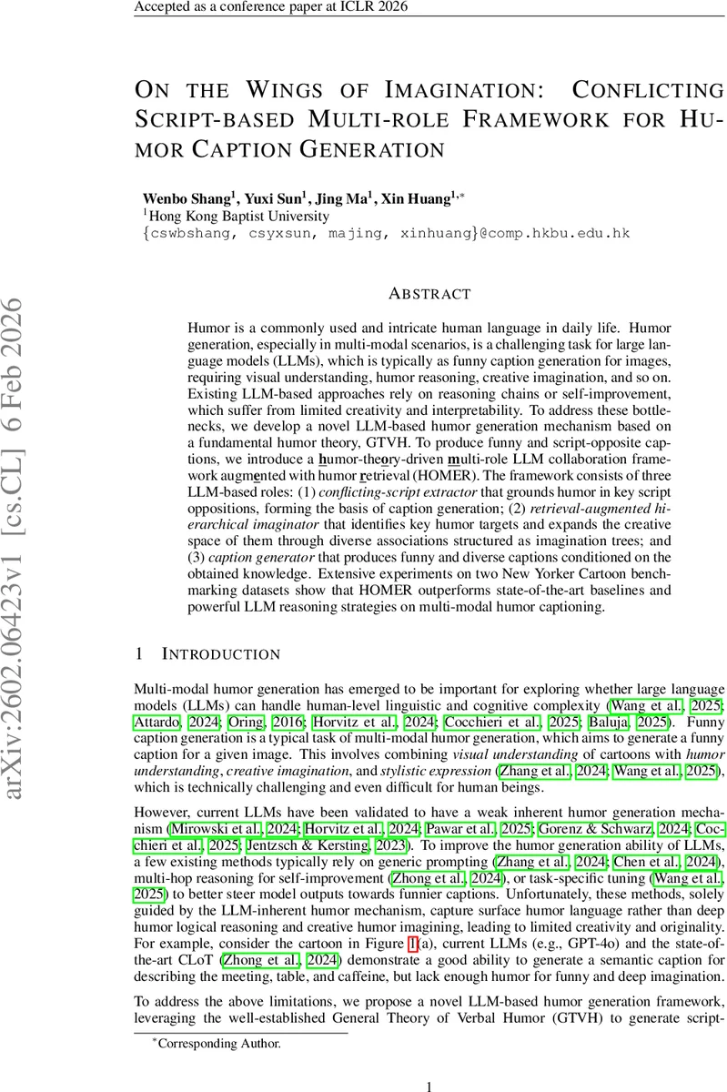 On the Wings of Imagination: Conflicting Script-based Multi-role Framework for Humor Caption Generation