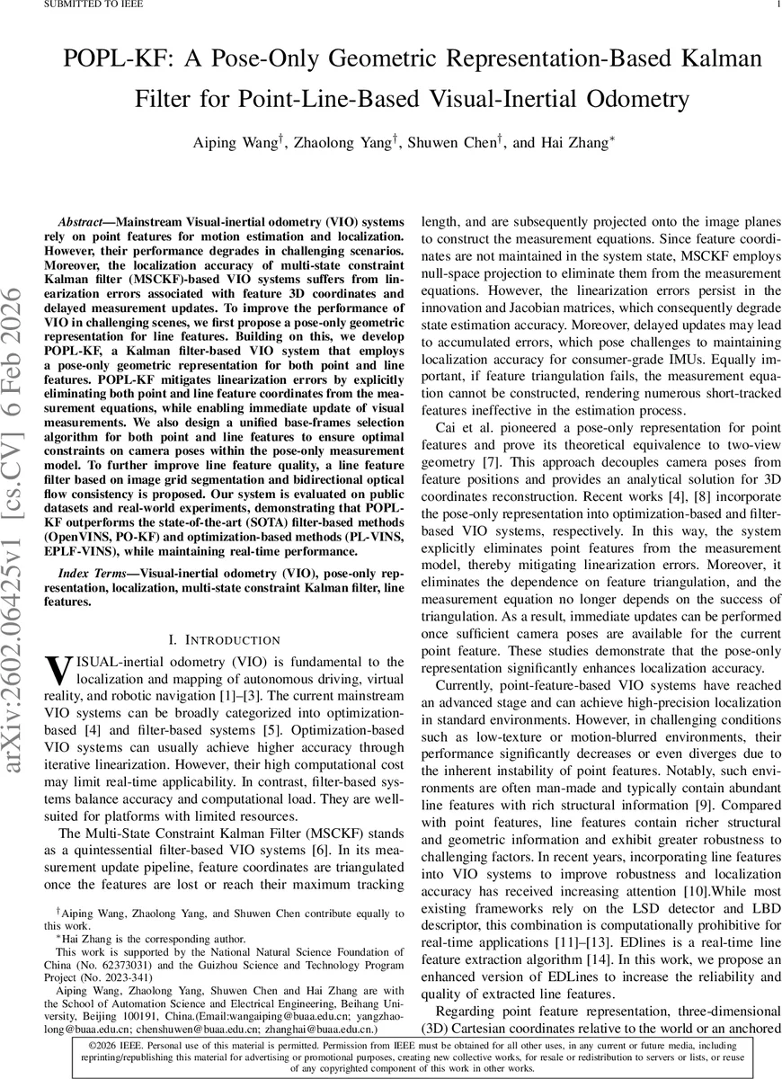 POPL-KF: A Pose-Only Geometric Representation-Based Kalman Filter for Point-Line-Based Visual-Inertial Odometry