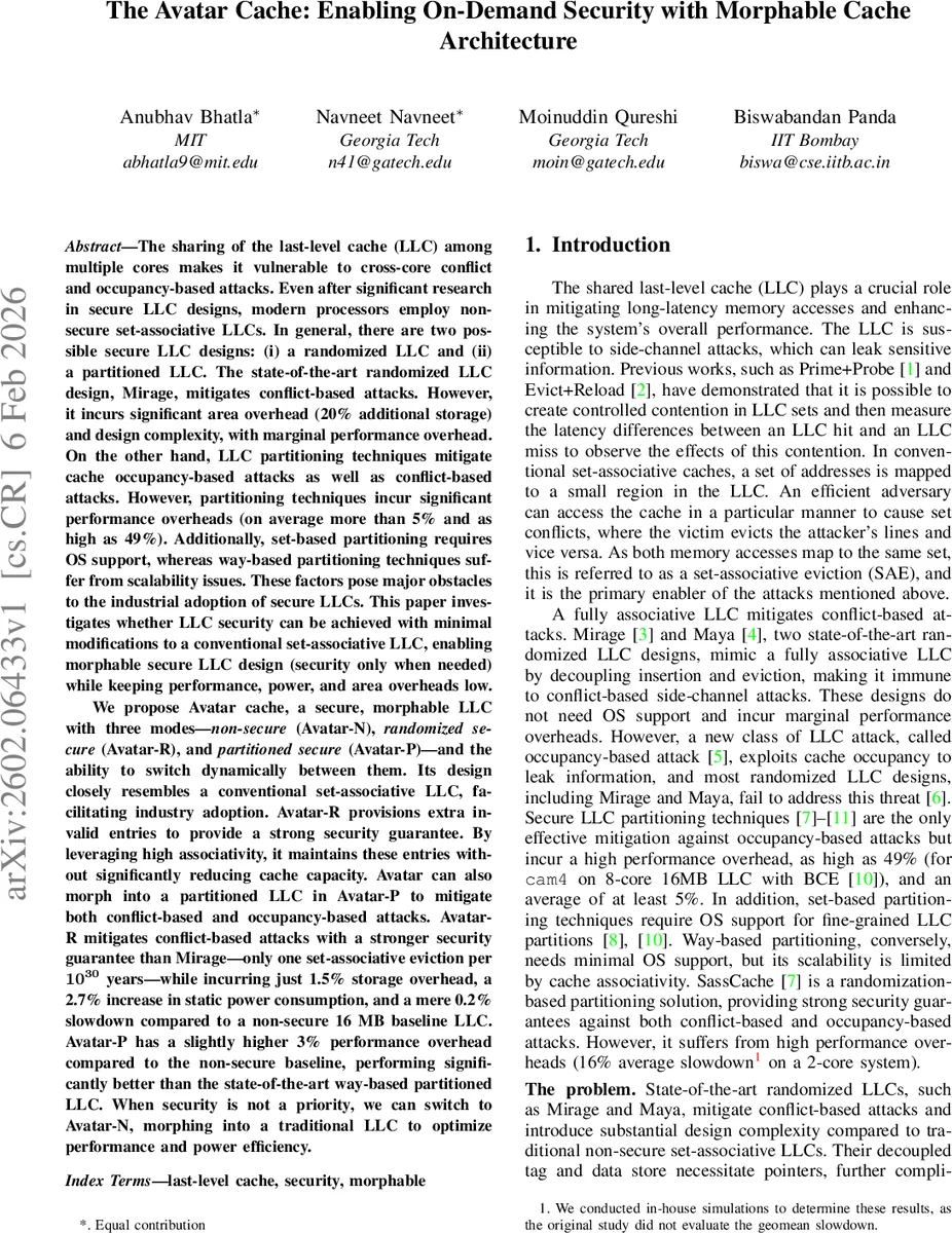The Avatar Cache: Enabling On-Demand Security with Morphable Cache Architecture