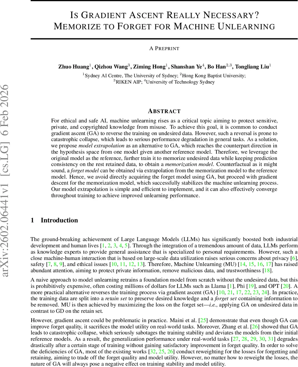 Is Gradient Ascent Really Necessary? Memorize to Forget for Machine Unlearning