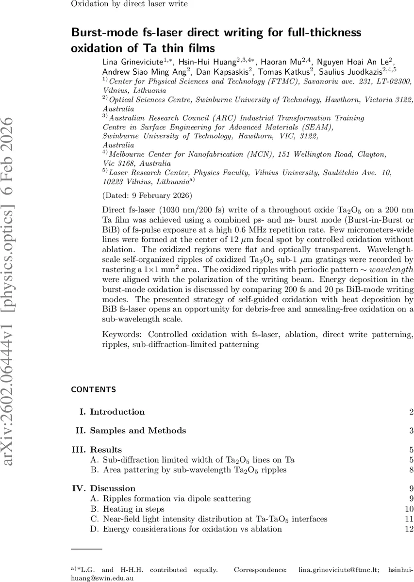Burst-mode fs-laser direct writing for full-thickness oxidation of Ta thin films