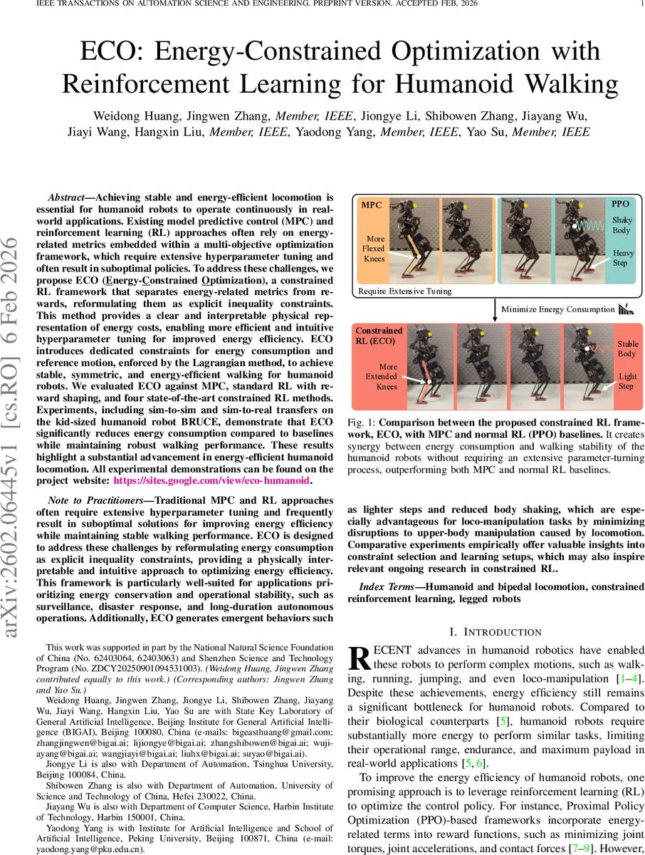 ECO: Energy-Constrained Optimization with Reinforcement Learning for Humanoid Walking