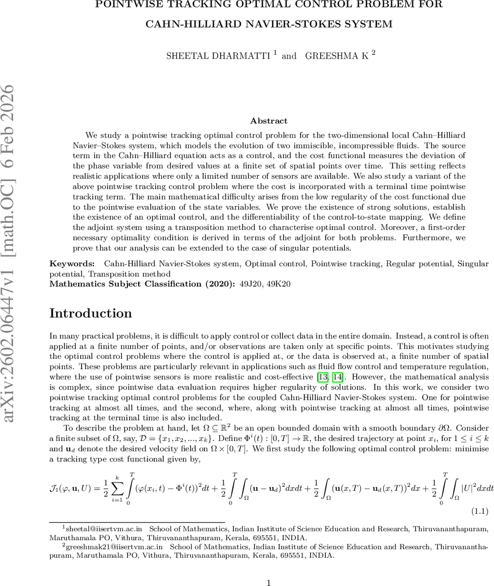 Pointwise Tracking Optimal Control Problem for Cahn Hilliard Navier Stokes system