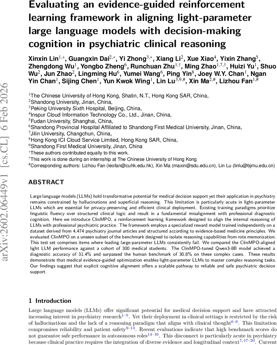 Evaluating an evidence-guided reinforcement learning framework in aligning light-parameter large language models with decision-making cognition in psychiatric clinical reasoning