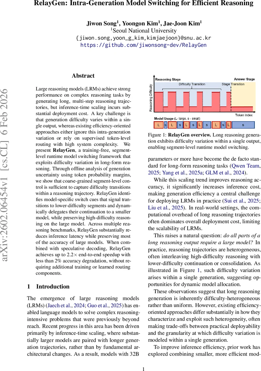 RelayGen: Intra-Generation Model Switching for Efficient Reasoning