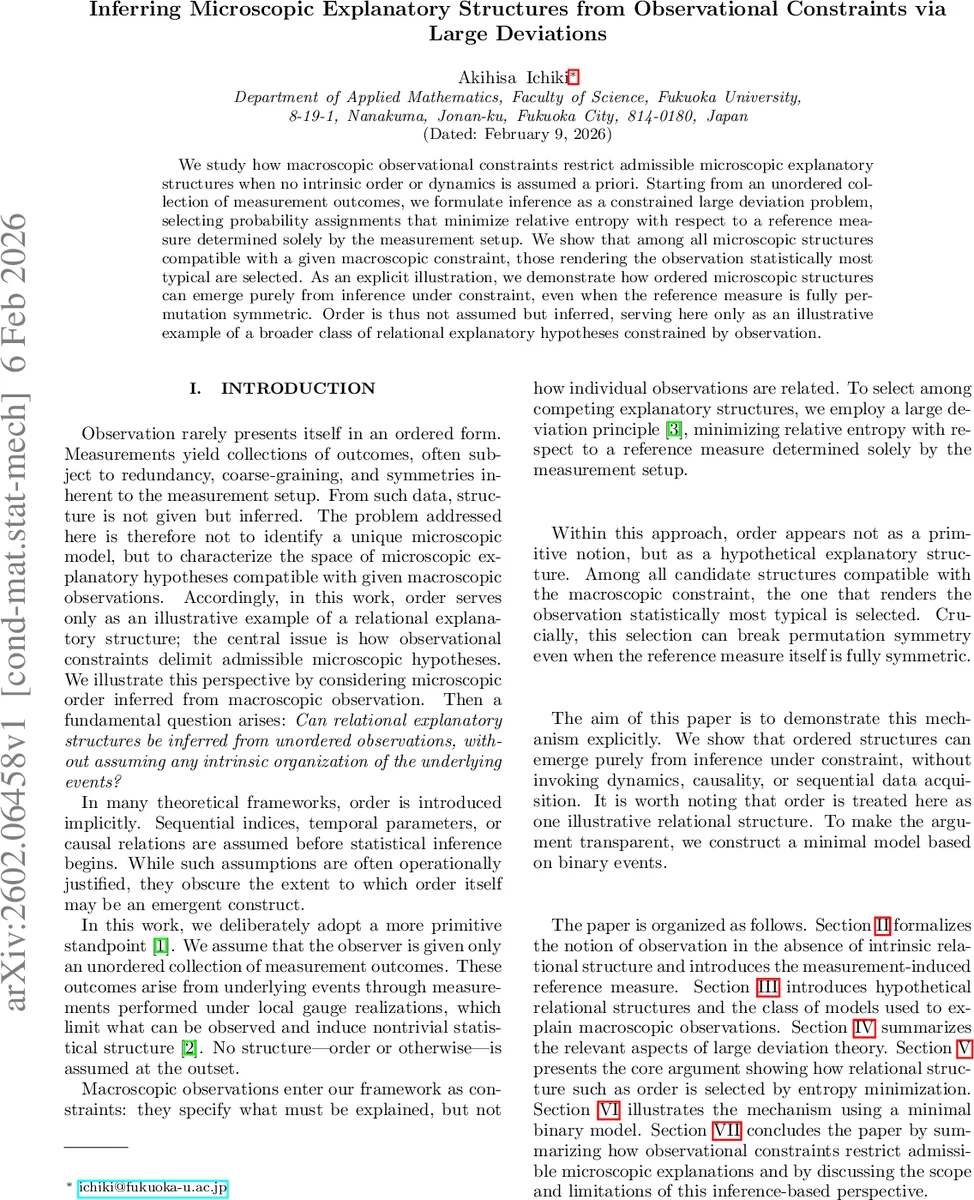 Inferring Microscopic Explanatory Structures from Observational Constraints via Large Deviations
