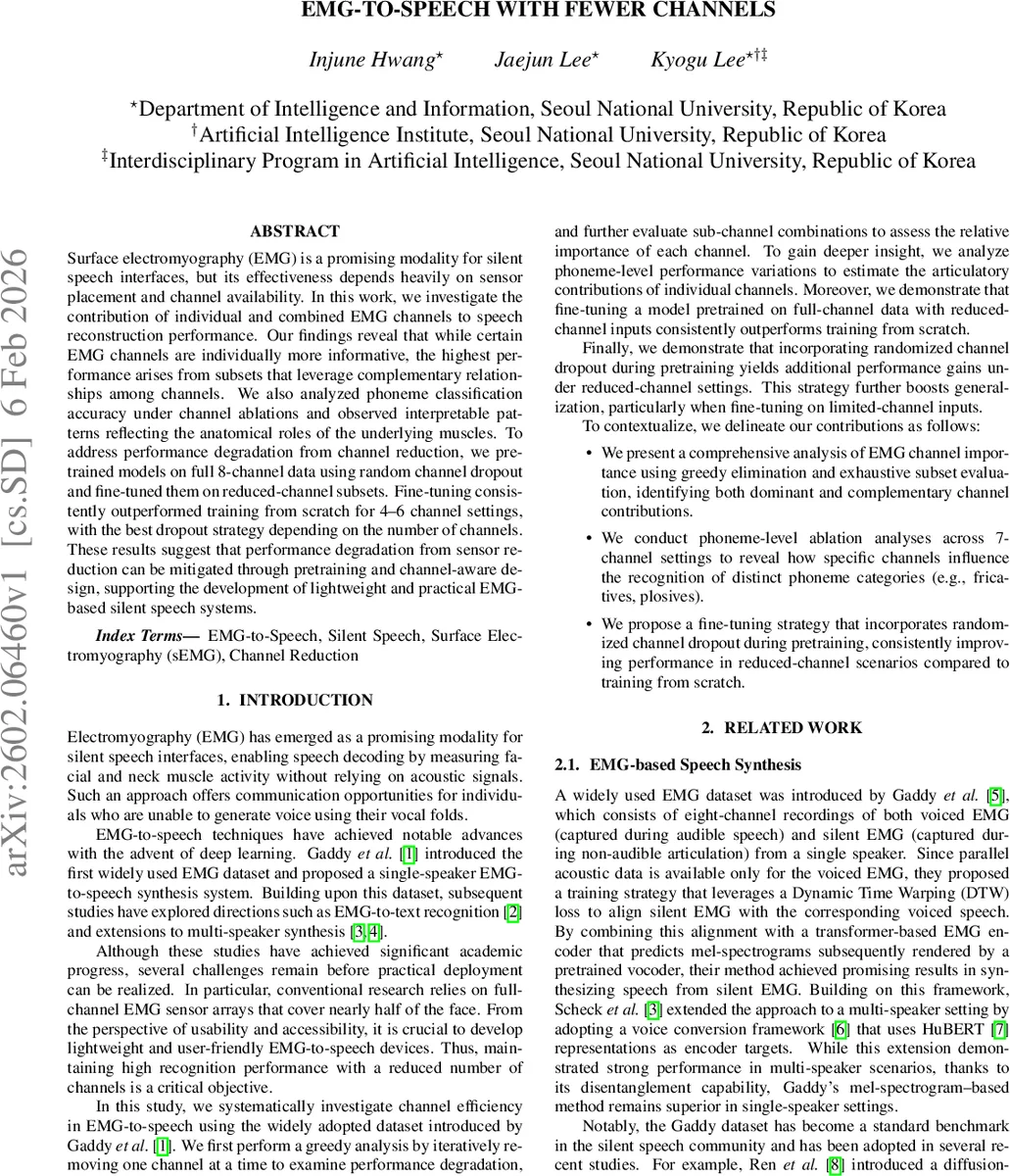 EMG-to-Speech with Fewer Channels