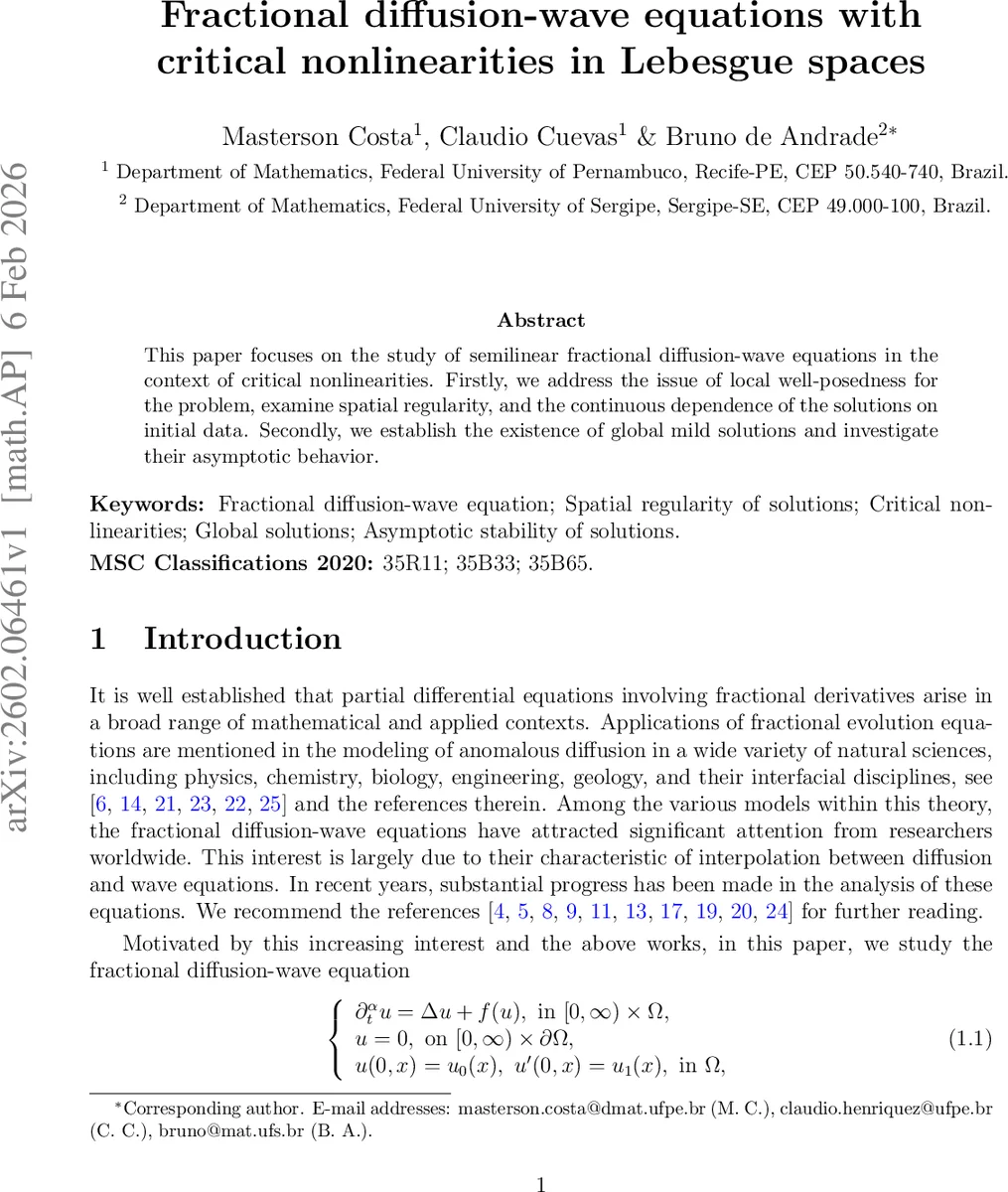 Fractional diffusion-wave equations with critical nonlinearities in Lebesgue spaces