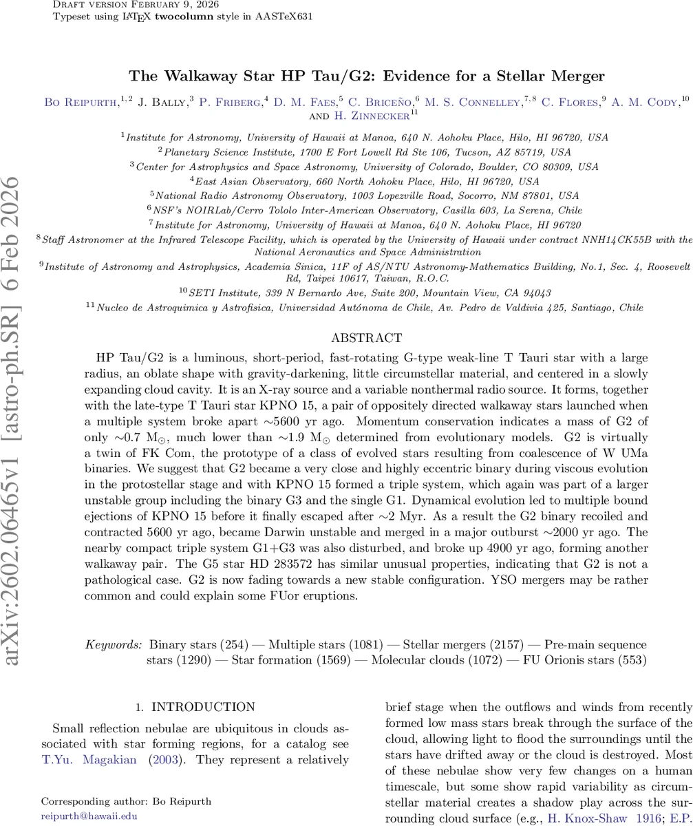The Walkaway Star HP Tau/G2: Evidence for a Stellar Merger