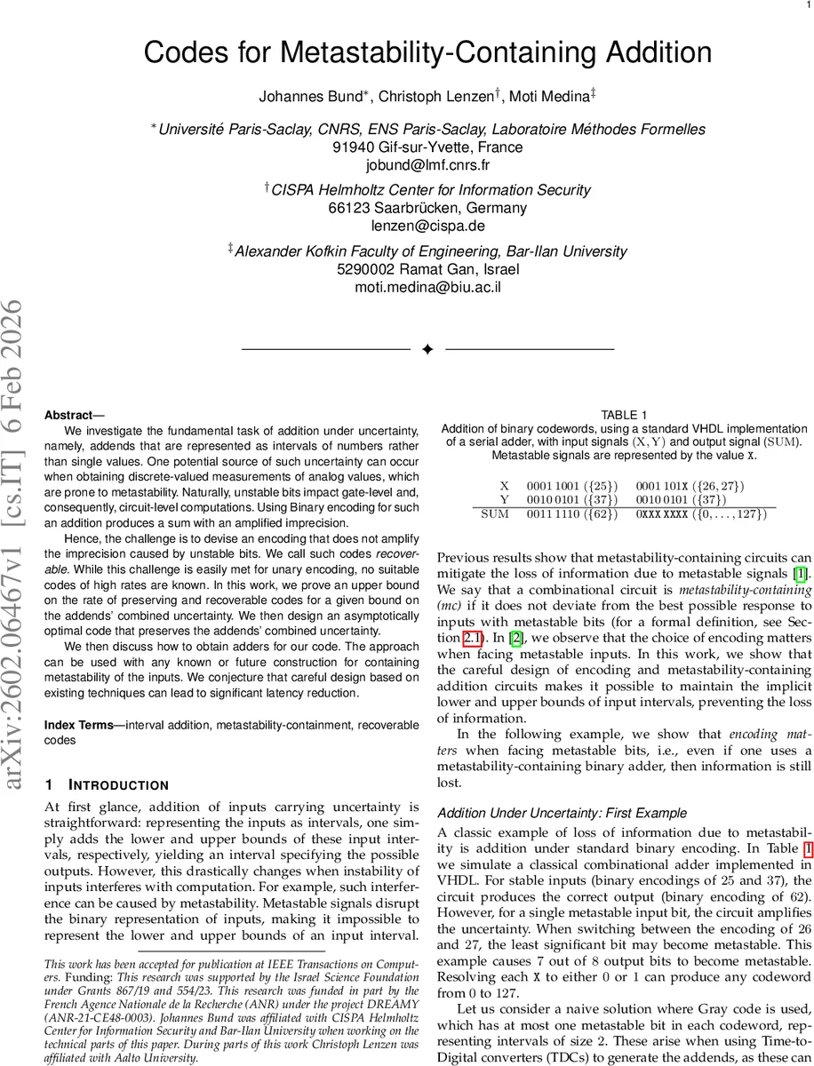 Codes for Metastability-Containing Addition