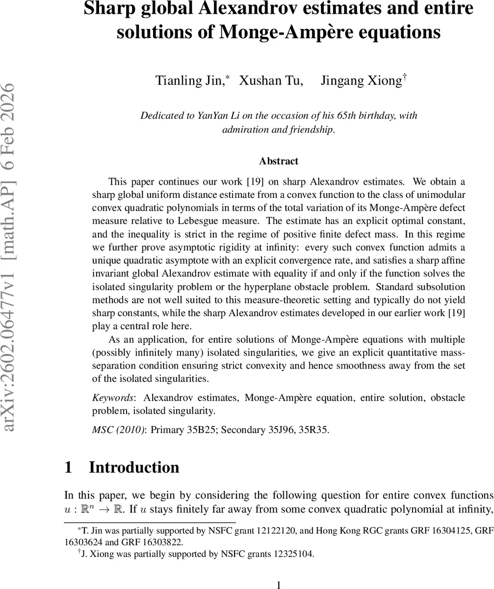 Sharp global Alexandrov estimates and entire solutions of Monge-Ampère equations