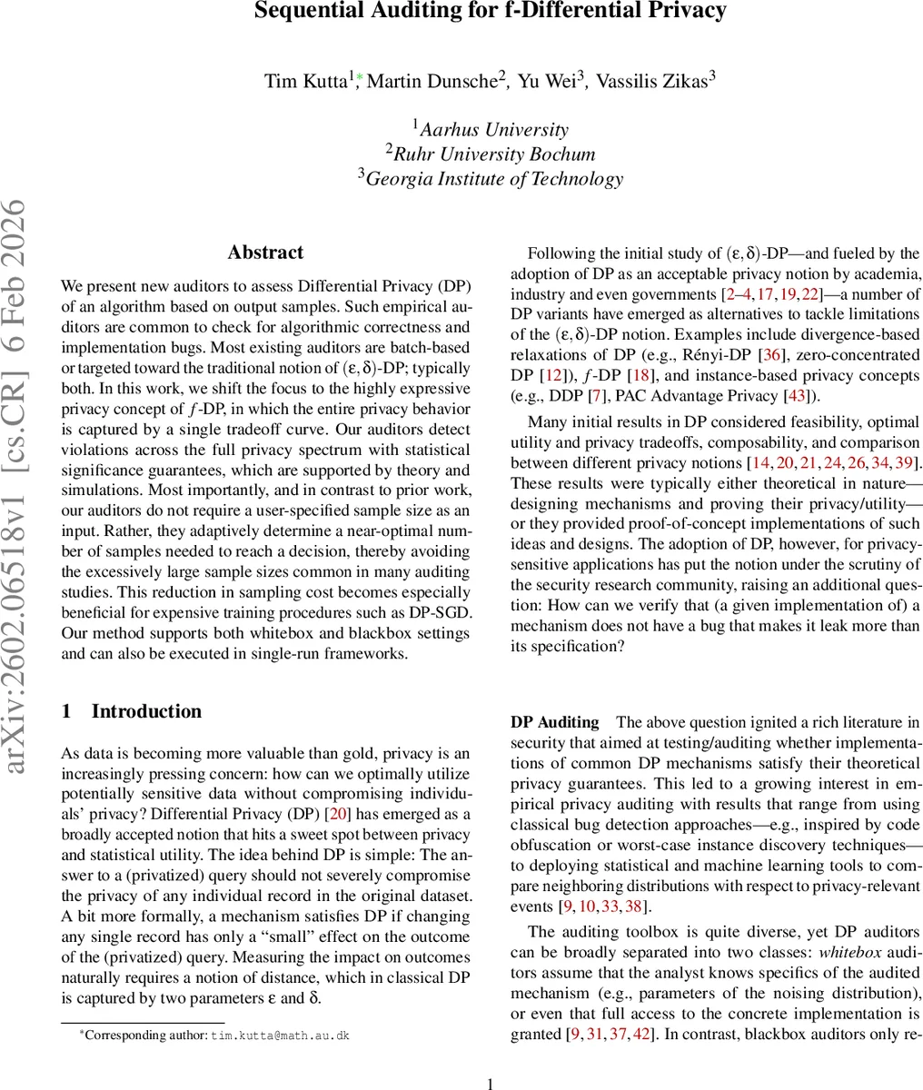 Sequential Auditing for f-Differential Privacy