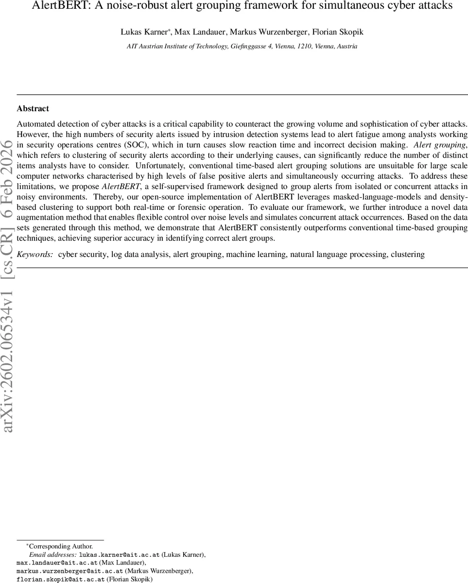 AlertBERT: A noise-robust alert grouping framework for simultaneous cyber attacks