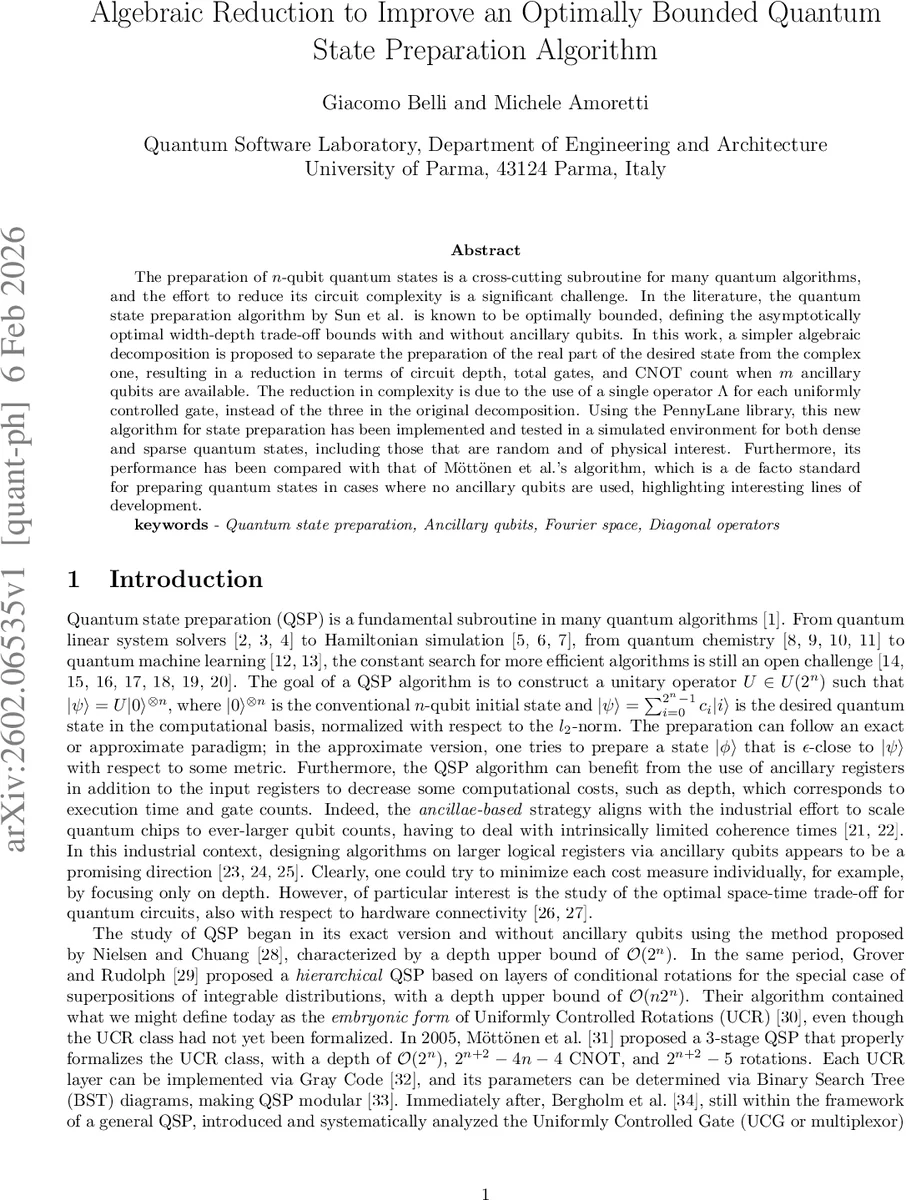 Algebraic Reduction to Improve an Optimally Bounded Quantum State Preparation Algorithm