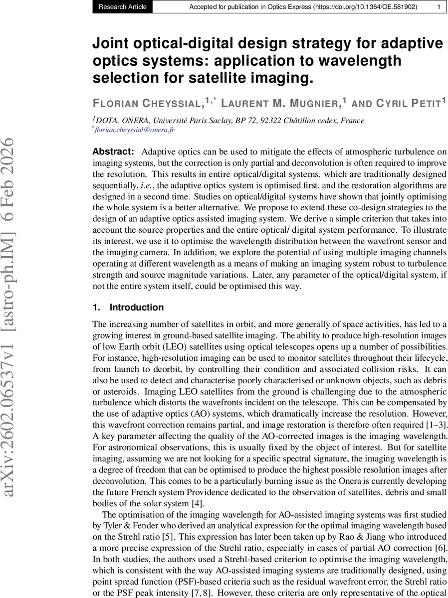 Joint optical-digital design strategy for adaptive optics systems: application to wavelength selection for satellite imaging