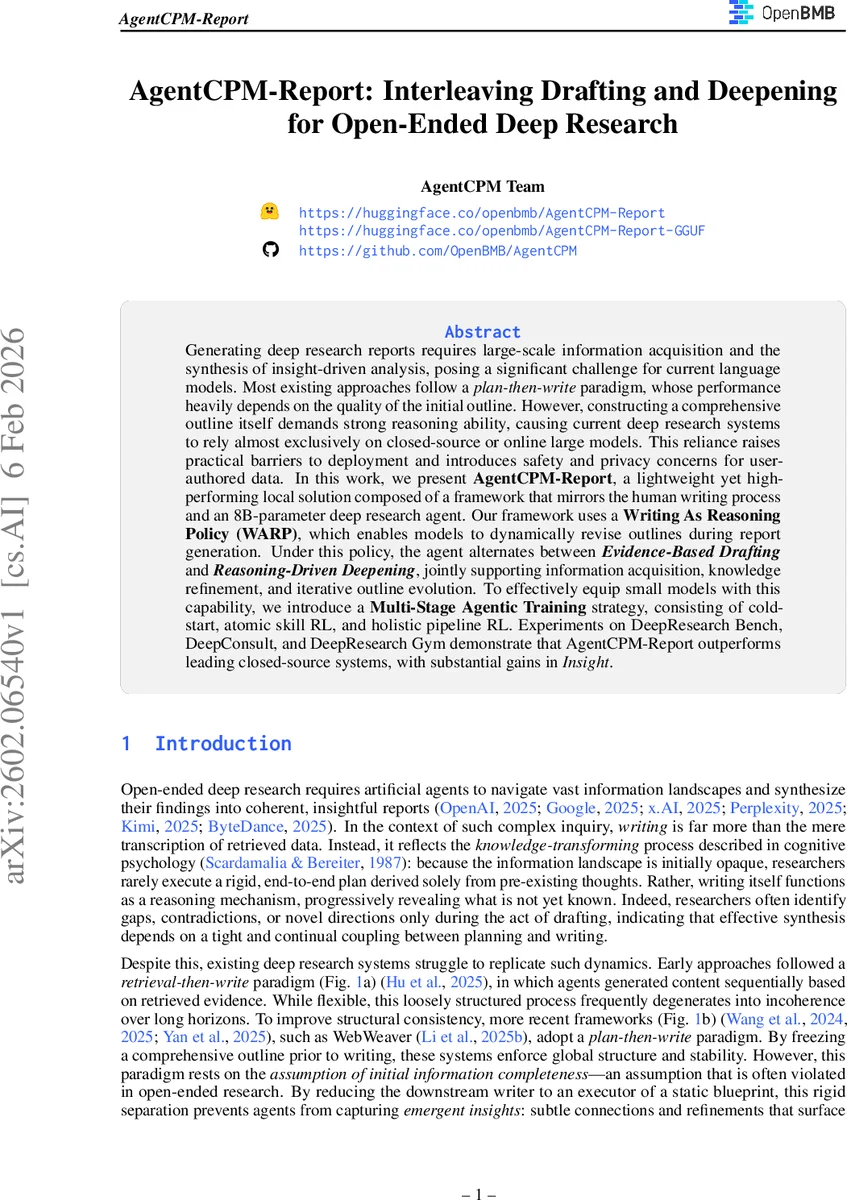 AgentCPM-Report: Interleaving Drafting and Deepening for Open-Ended Deep Research