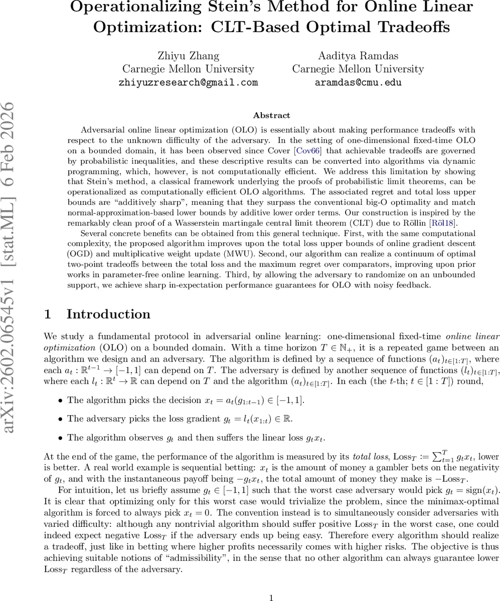 Operationalizing Stein's Method for Online Linear Optimization: CLT-Based Optimal Tradeoffs