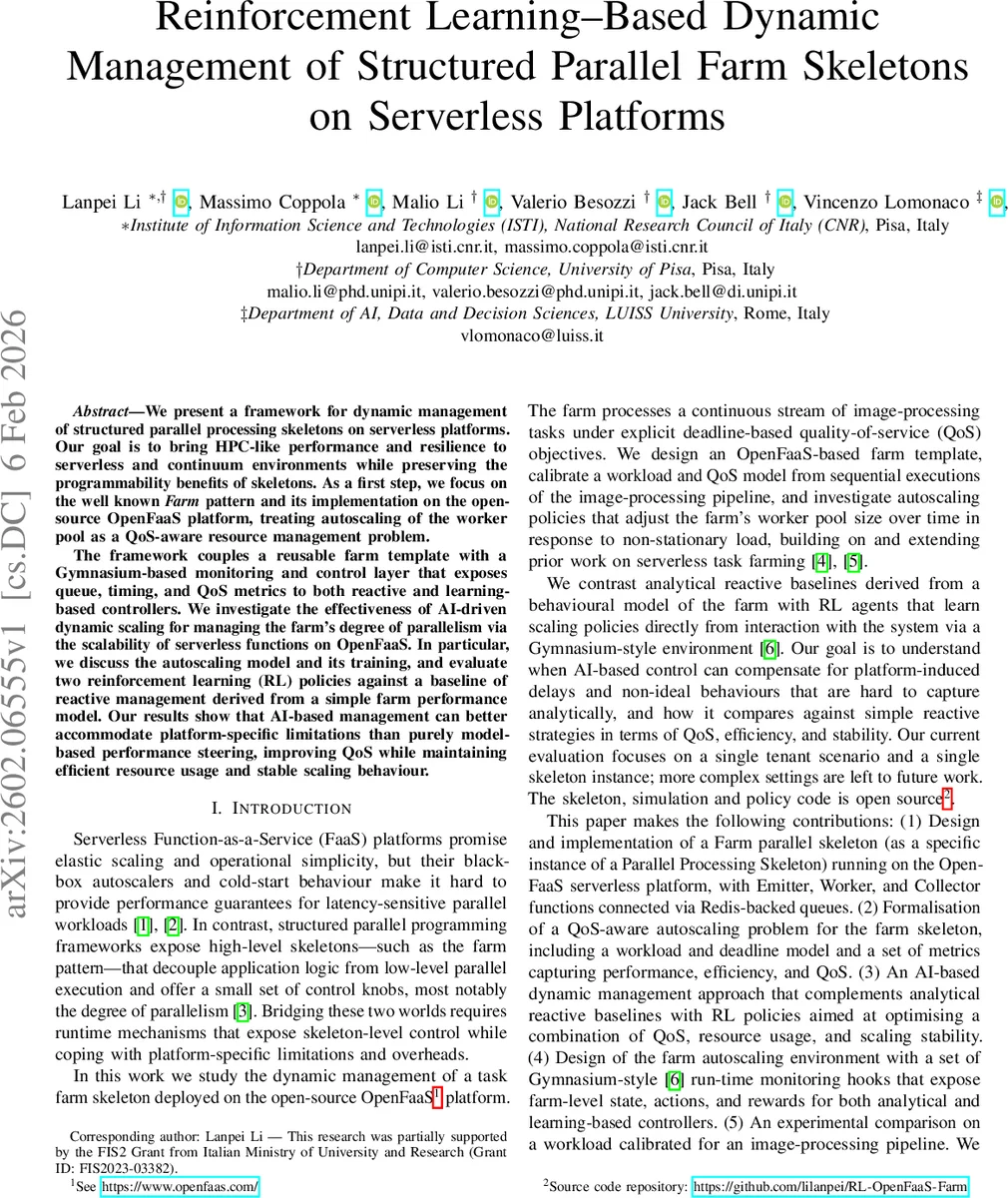 Reinforcement Learning-Based Dynamic Management of Structured Parallel Farm Skeletons on Serverless Platforms