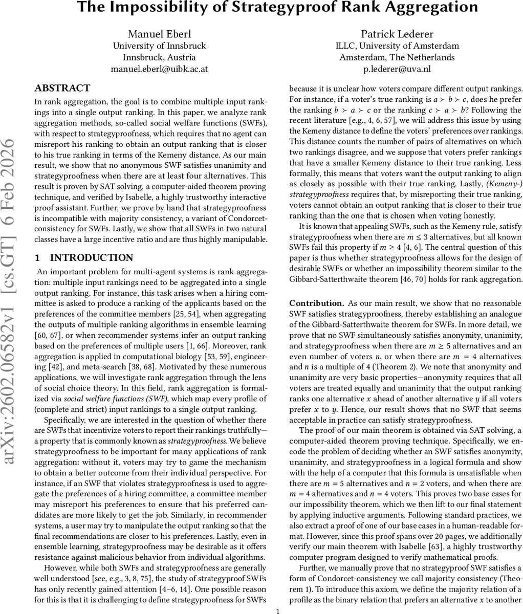 The Impossibility of Strategyproof Rank Aggregation