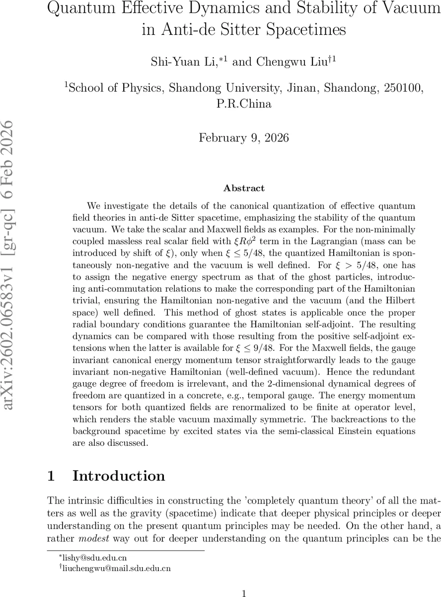 Quantum Effective Dynamics and Stability of Vacuum in Anti-de Sitter Spacetimes