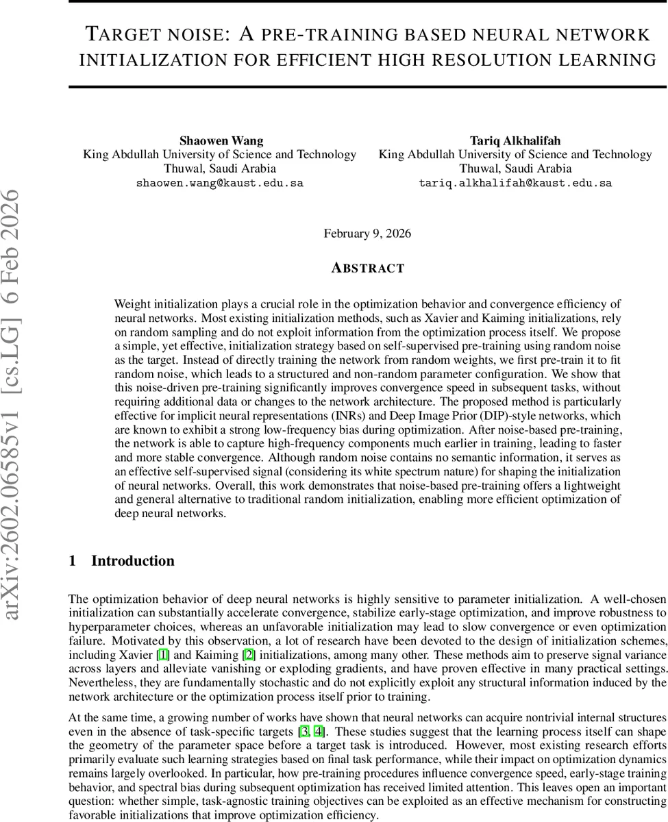 Target noise: A pre-training based neural network initialization for efficient high resolution learning