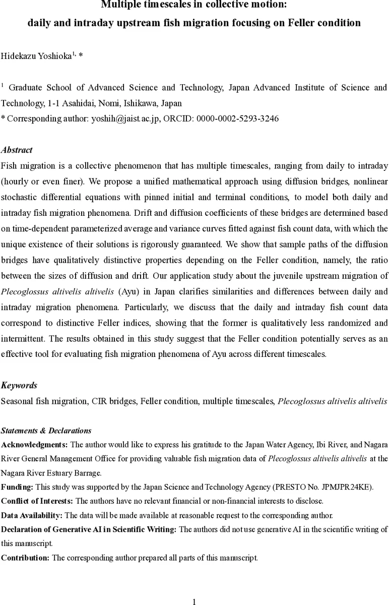 Multiple timescales in collective motion: daily and intraday upstream fish migration focusing on Feller condition