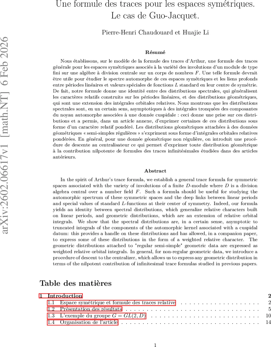 Une formule des traces pour les espaces symétriques. Le cas de Guo-Jacquet