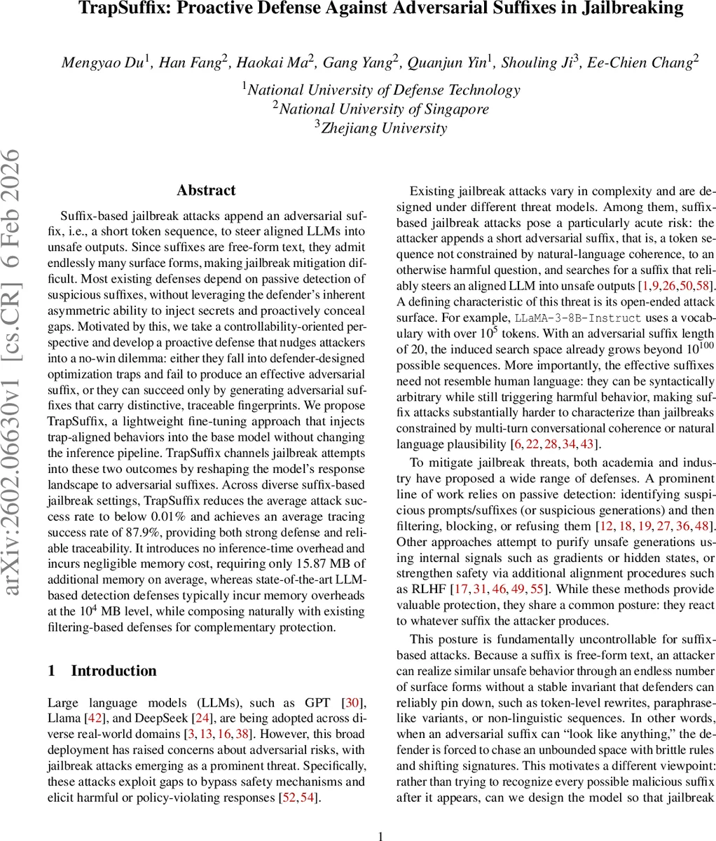 TrapSuffix: Proactive Defense Against Adversarial Suffixes in Jailbreaking