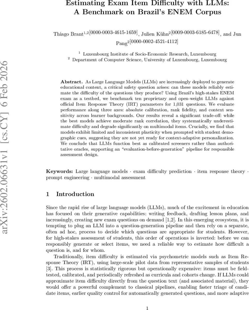 Estimating Exam Item Difficulty with LLMs: A Benchmark on Brazil's ENEM Corpus