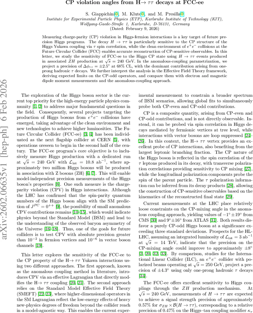 CP violation angles from H$	oττ$ decays at FCC-ee
