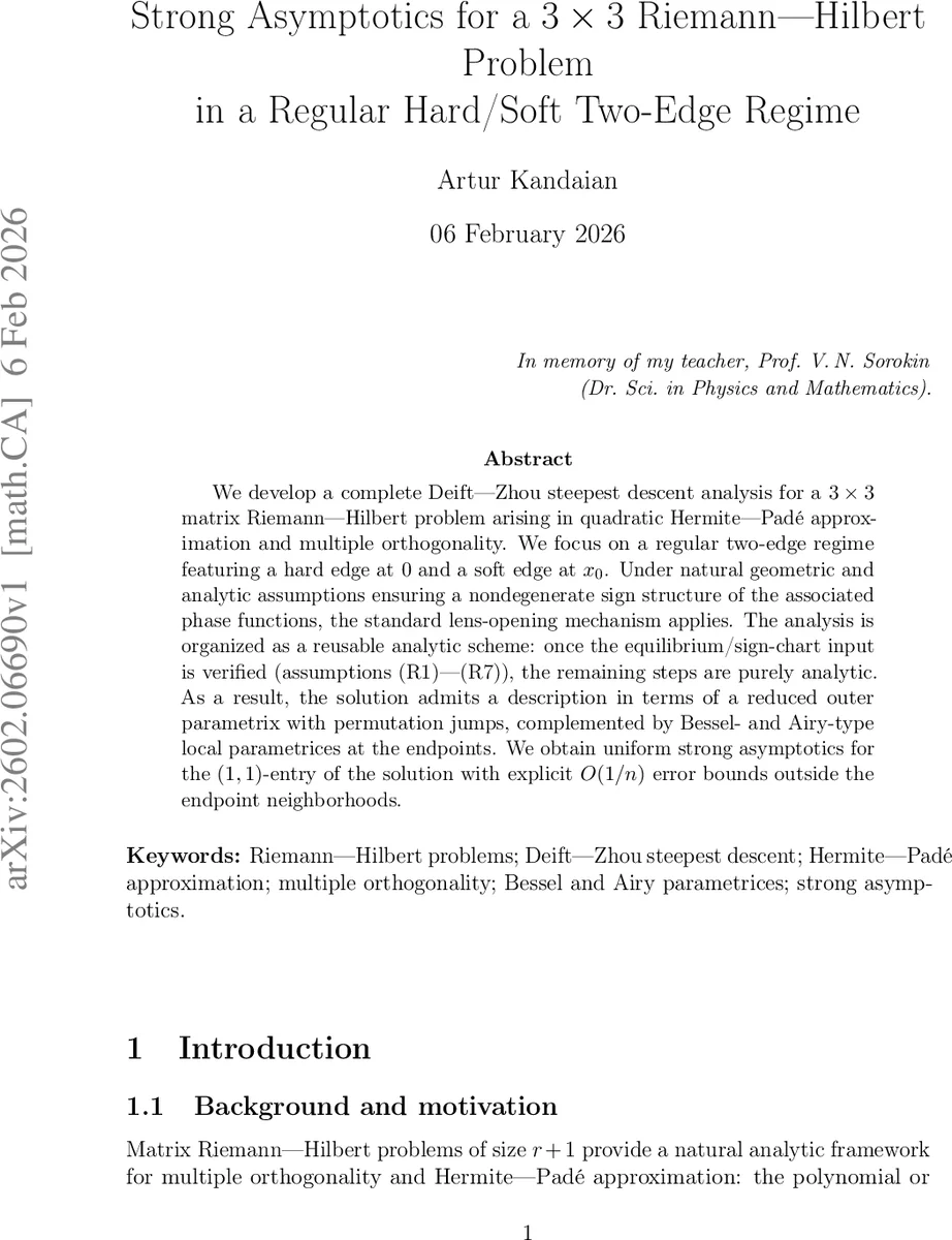 Strong Asymptotics for a 3x3 Riemann-Hilbert Problem in a Regular Hard-Soft Two-Edge Regime