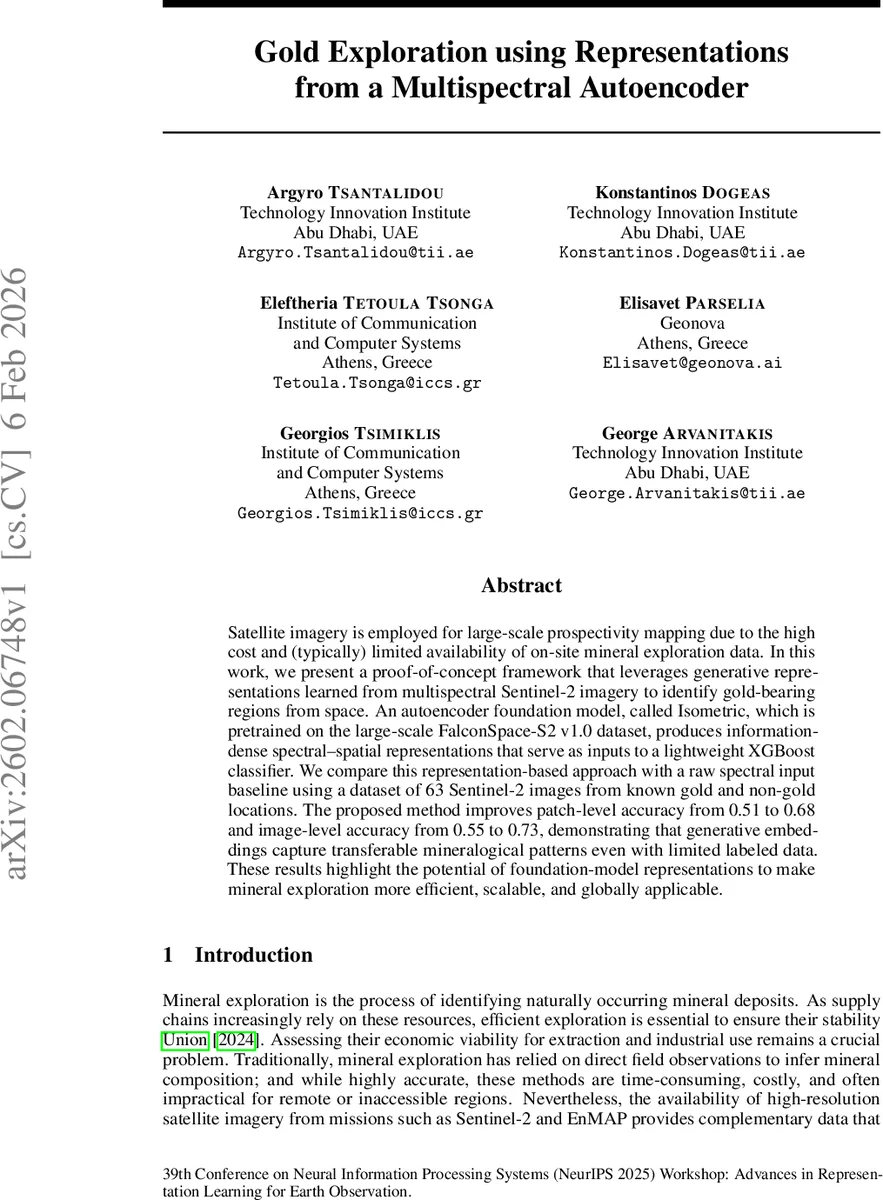 Gold Exploration using Representations from a Multispectral Autoencoder
